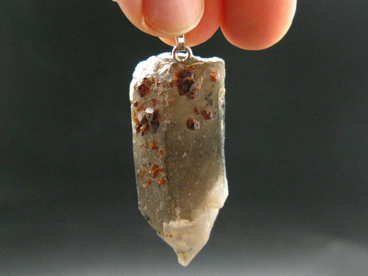 Spessartine Garnet On Smoky Quartz Crystal Silver Pendant From China - 1.9" - 17.91 Grams