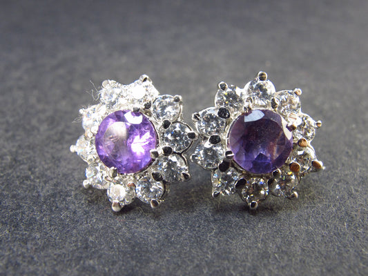 Rich Purple Amethyst Faceted Stud Earrings In Sterling Silver with CZ from Brazil - 4.56 Grams