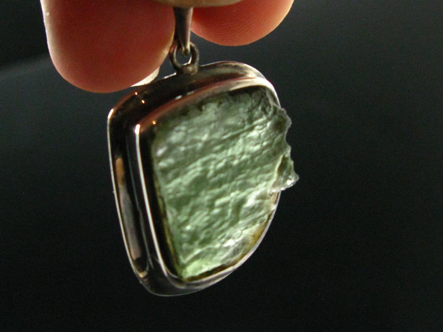 Moldavite Tektite Silver Pendant from Czech Republic - 1.5" - 6.88 Grams
