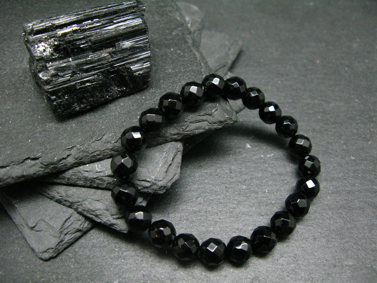Black Tourmaline Genuine Bracelet ~ 7 Inches ~ 8mm Round Facetted Beads