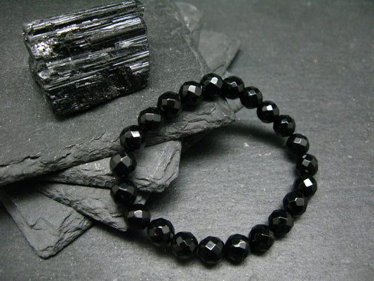 Black Tourmaline Genuine Bracelet ~ 7 Inches ~ 8mm Round Facetted Beads