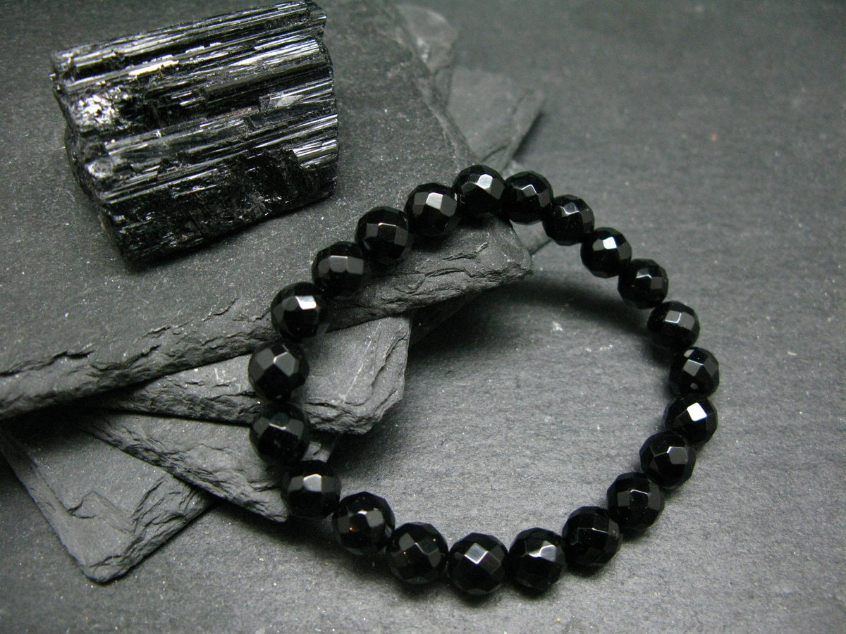 Black Tourmaline Genuine Bracelet ~ 7 Inches ~ 8mm Round Facetted Beads