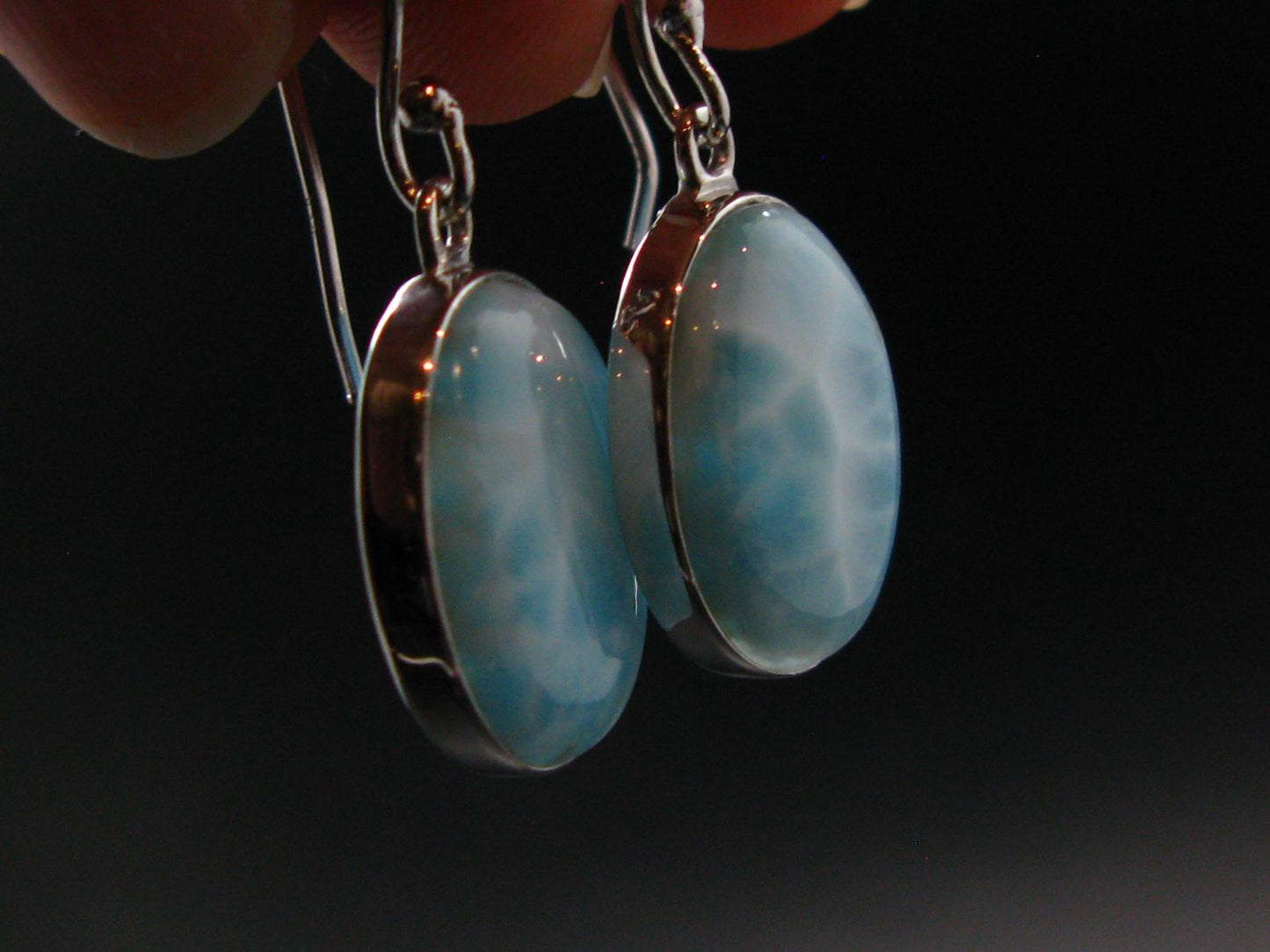 Natural Cabochon Larimar Pectolite 925 Sterling Silver Earrings from Dominican Republic - 4.58 Grams
