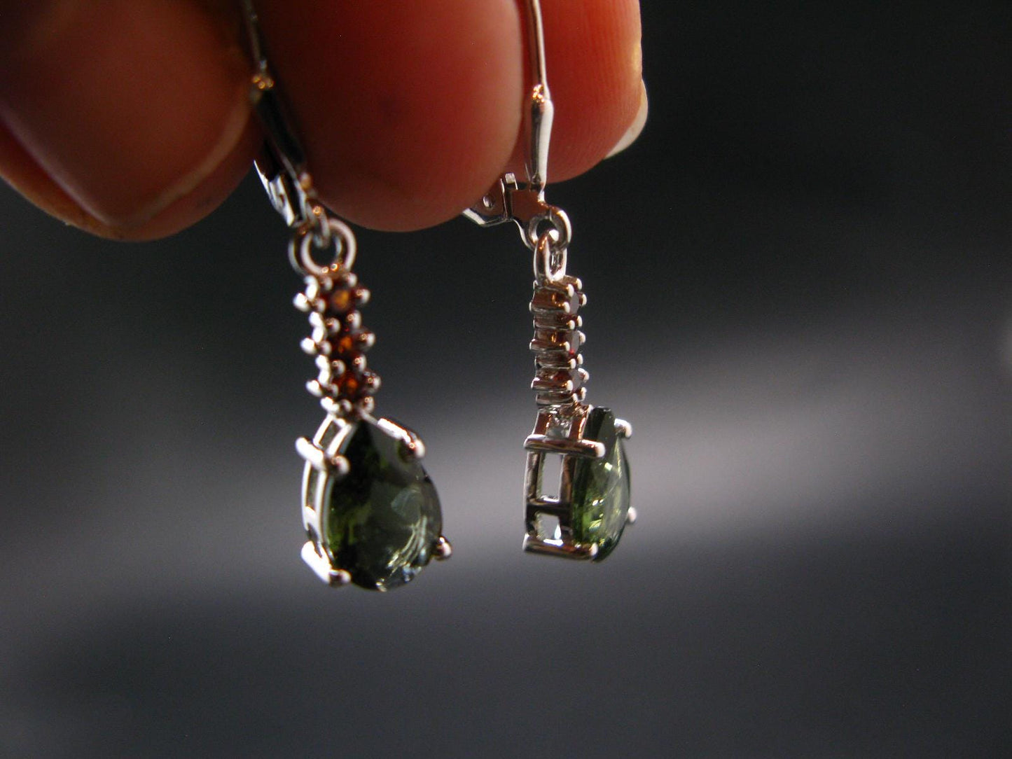 Moldavite Tektite & Red Garnet Silver Earrings from Czech Republic - 2.62 Grams