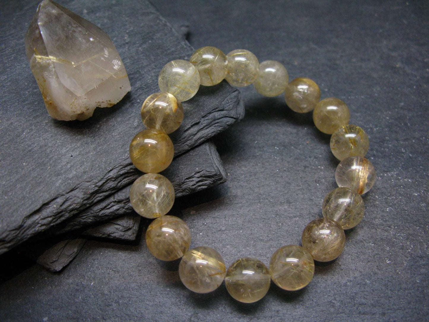Rutilated Quartz Genuine Bracelet ~ 7 Inches ~ 12mm Round Beads