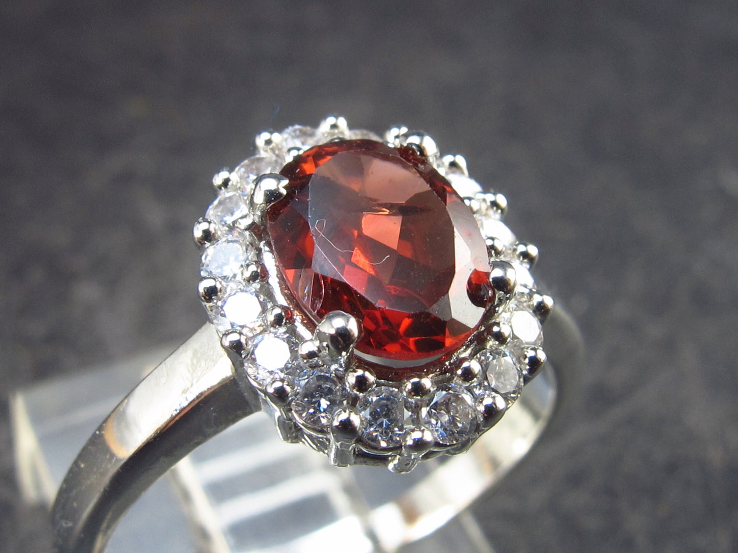Natural Faceted Red Garnet Rhodium Plated Sterling Silver Ring with CZ - Size 7 - 2.90 Grams