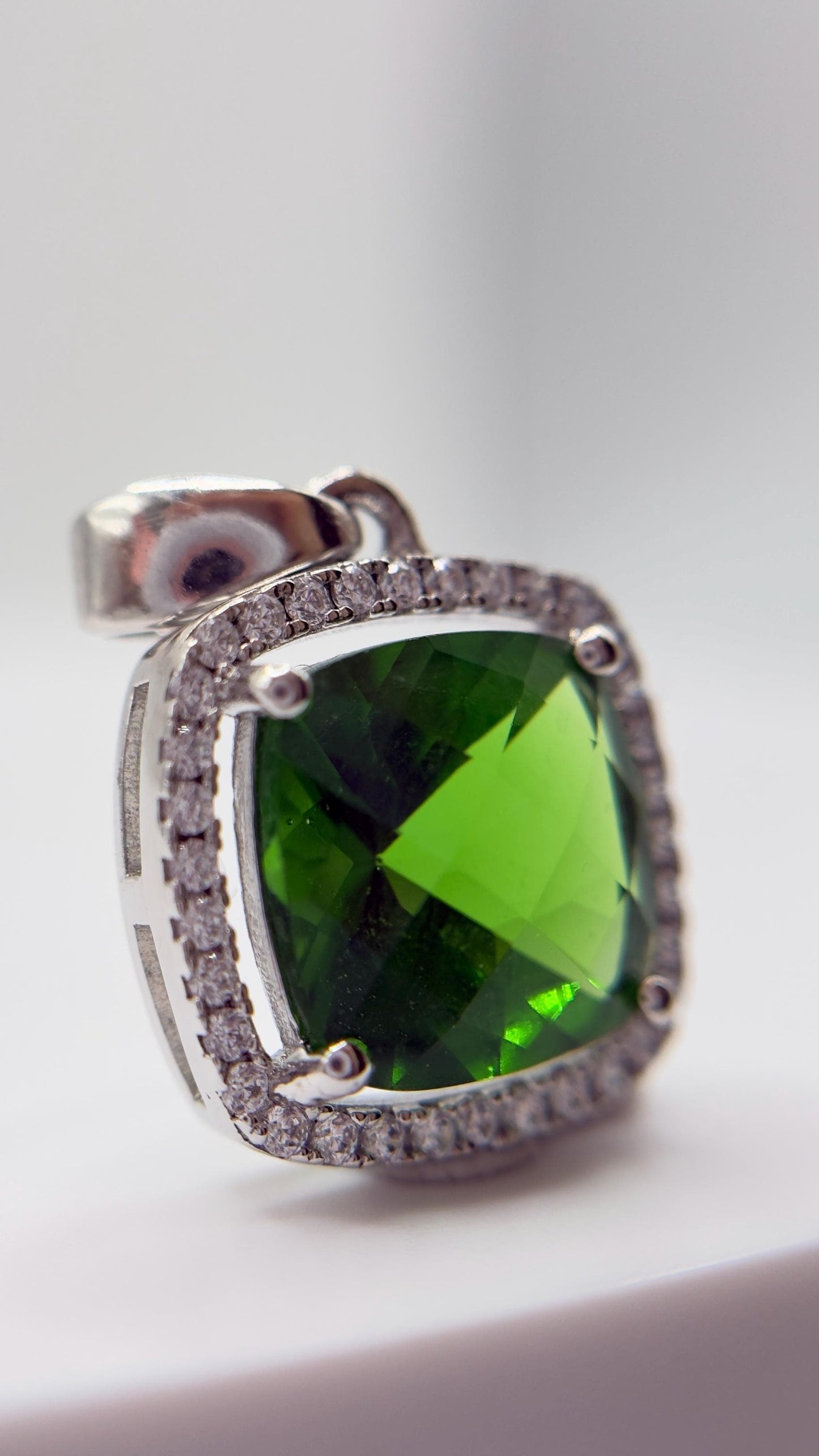 Green Helenite Cushion Cut Halo Pendant – Sterling Silver Statement Gemstone Necklace Pendant