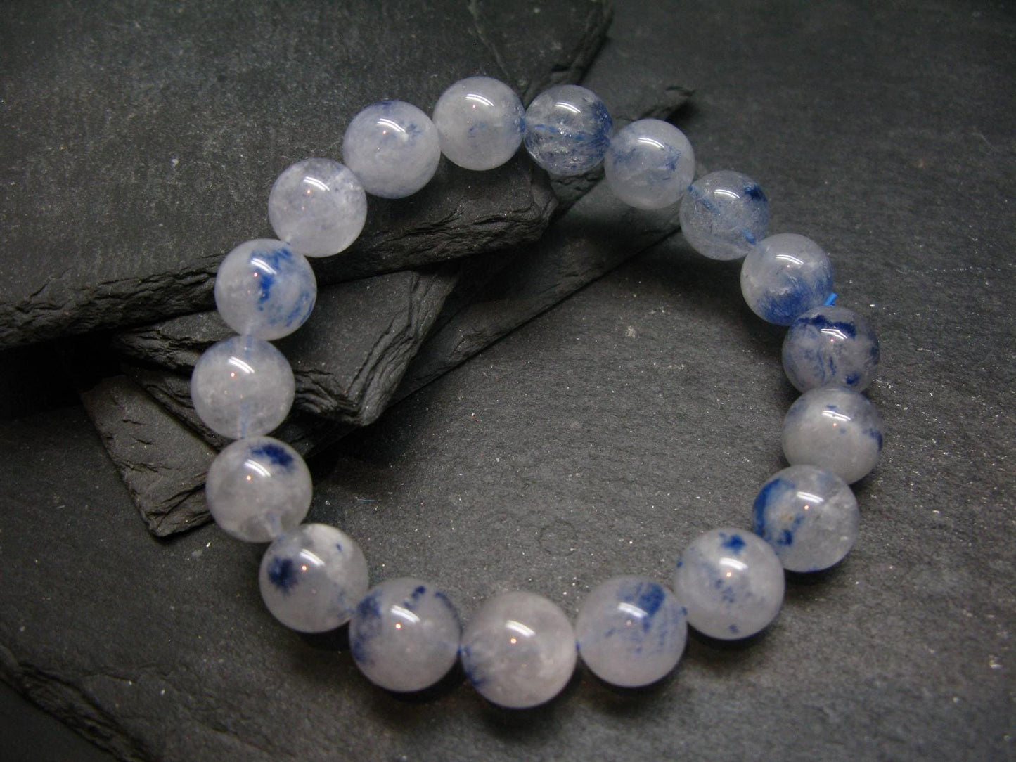 Dumortierite In Quartz Genuine Bracelet ~ 7.5 Inches ~ 12mm Round Beads