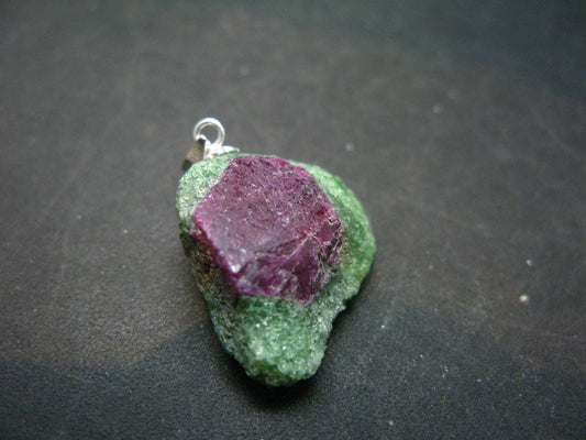 Rare Ruby In Zoisite Crystal Silver Pendant from India - 1.1"