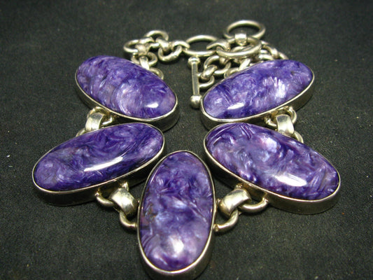 Oval Charoite AAA Quality Sterling Silver Bracelet From Russia - 8.3"