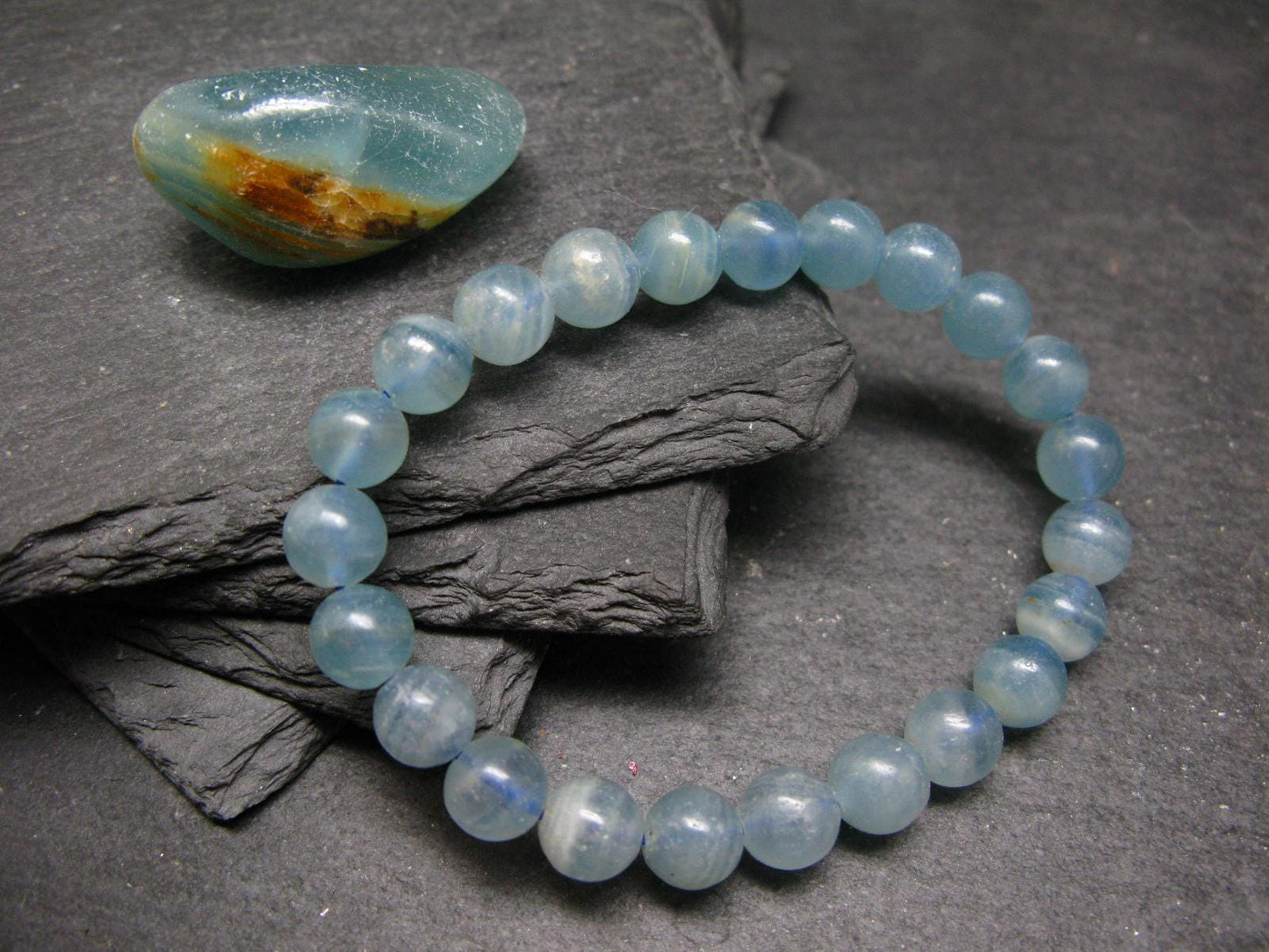Lemurian Aquatine Calcite Genuine Bracelet ~ 7 Inches ~ 8mm Round Beads