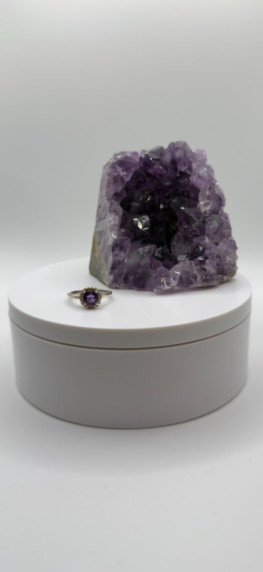 Amethyst Halo Ring – Sterling Silver – Classic Elegance with a Purple Glow - Size 7