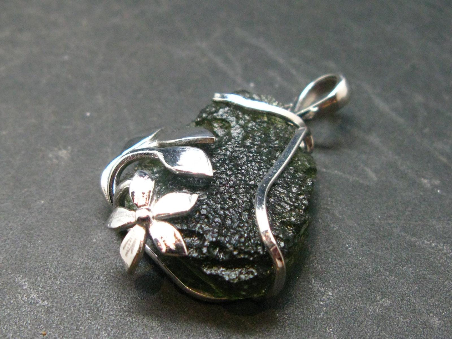 Moldavite Tektite Silver Clover Pendant from Czech Republic - 1.4" - 6.64 Grams