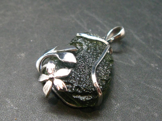 Moldavite Tektite Silver Clover Pendant from Czech Republic - 1.4" - 6.64 Grams