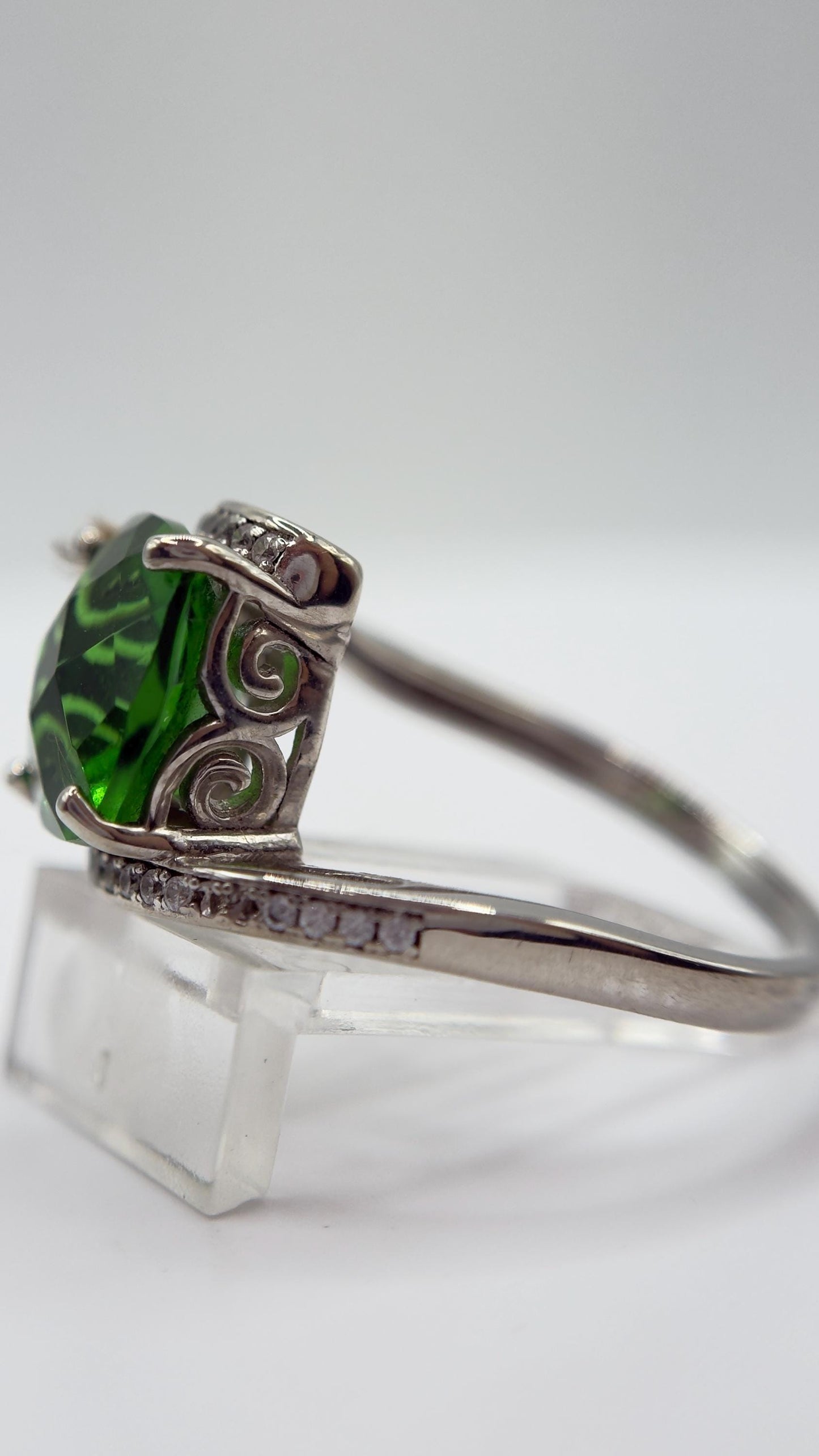 Green Helenite Cushion Cut Ring – Sterling Silver Halo Gemstone Statement Ring