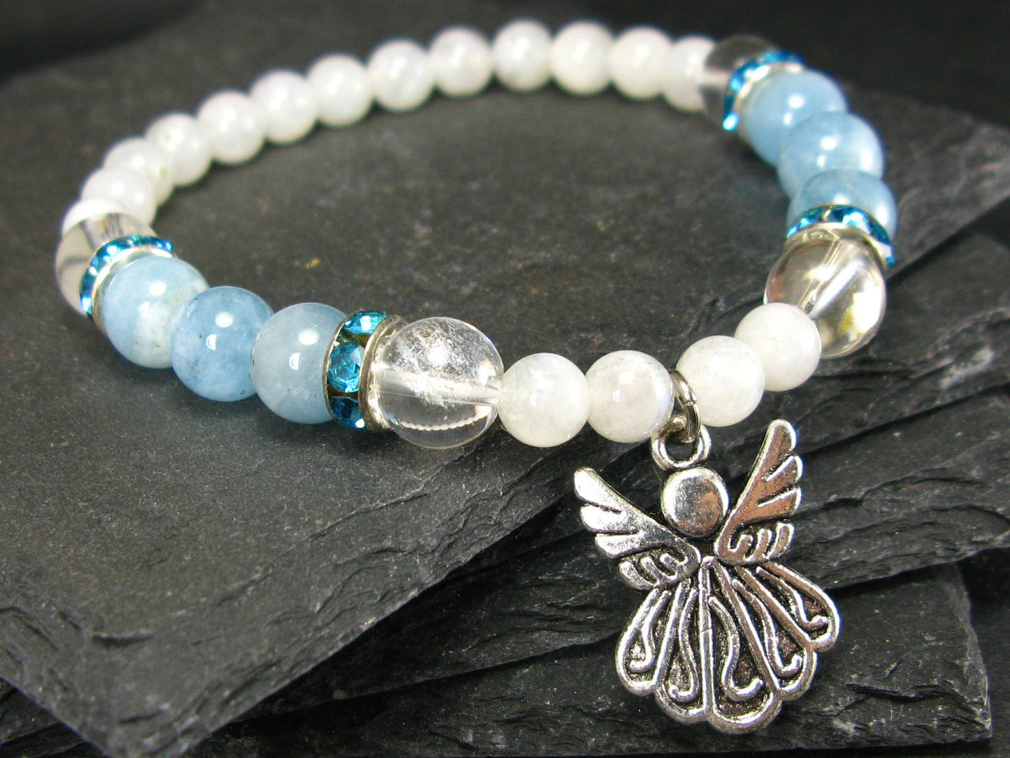 Moonstone Quartz & Aquamarine Genuine Bracelet ~ 7 Inches ~ 6-8mm Round Beads