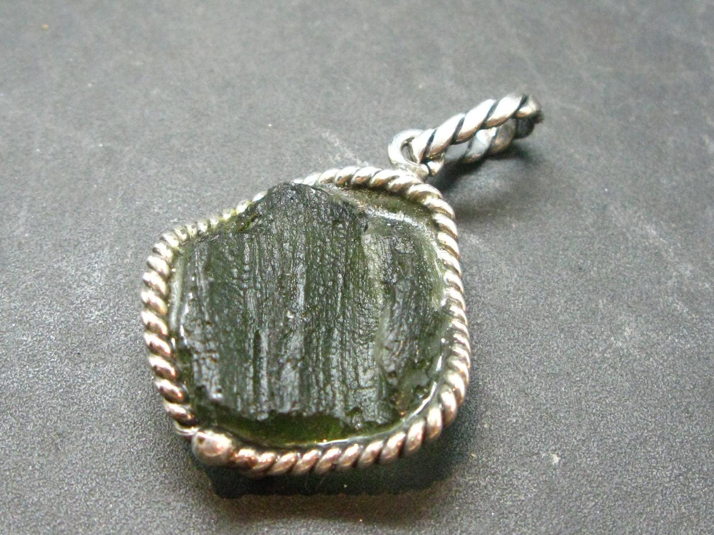 Moldavite Tektite Silver Clover Pendant from Czech Republic - 1.5" - 5.98 Grams