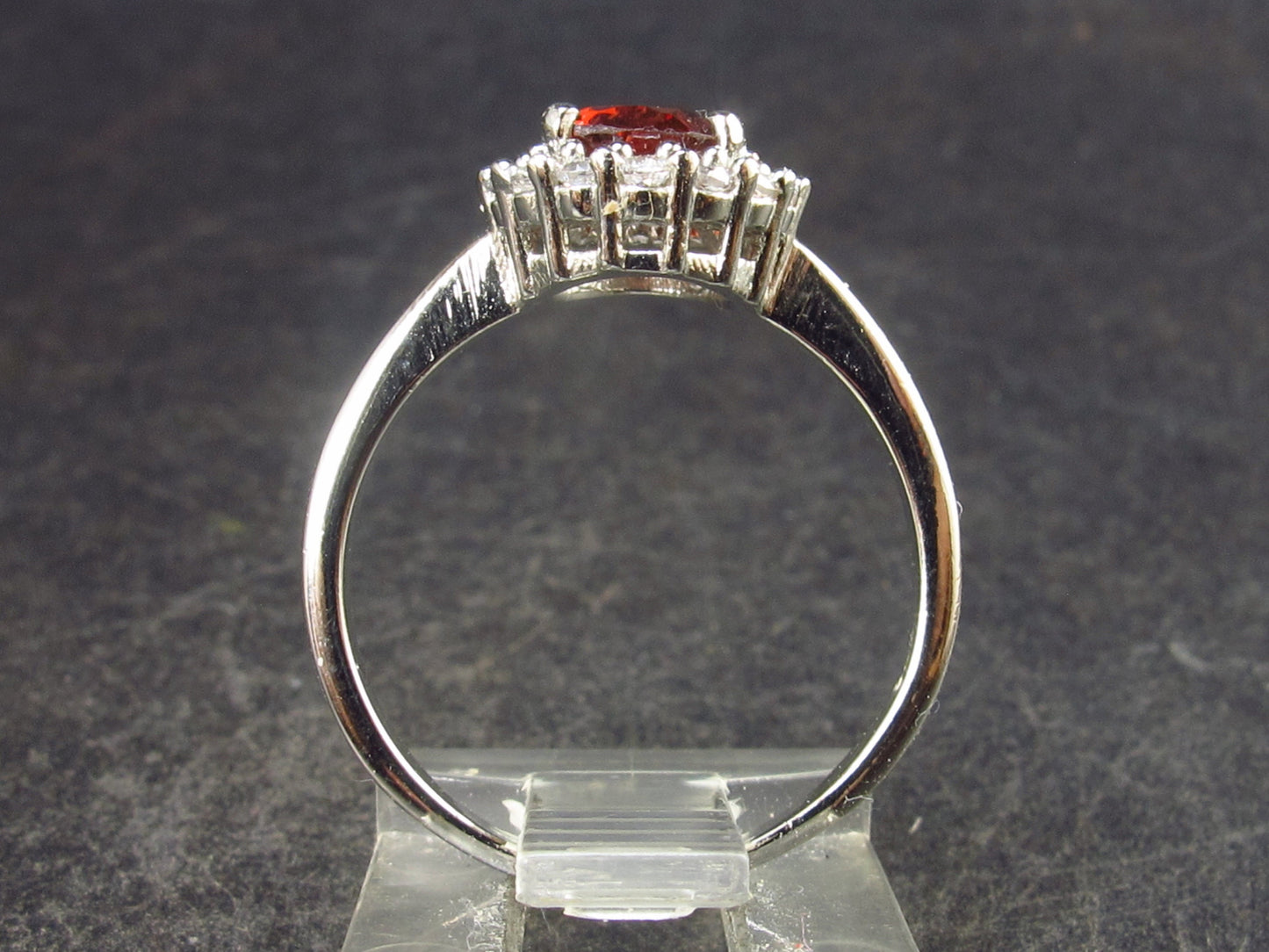 Natural Faceted Red Garnet Rhodium Plated Sterling Silver Ring with CZ - Size 7 - 2.90 Grams