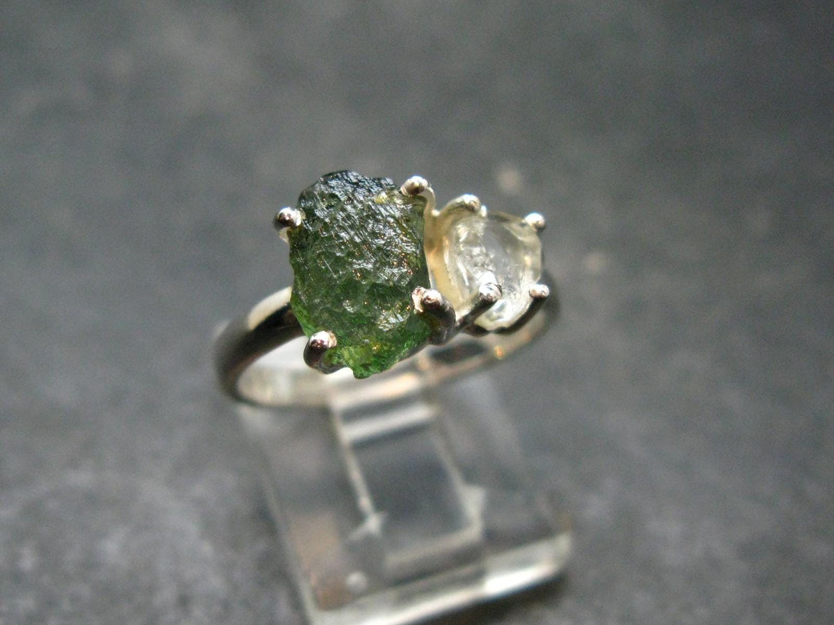Moldavite Tektite and Herkimer Diamond Silver Ring - Size 7 - 2.69 Grams