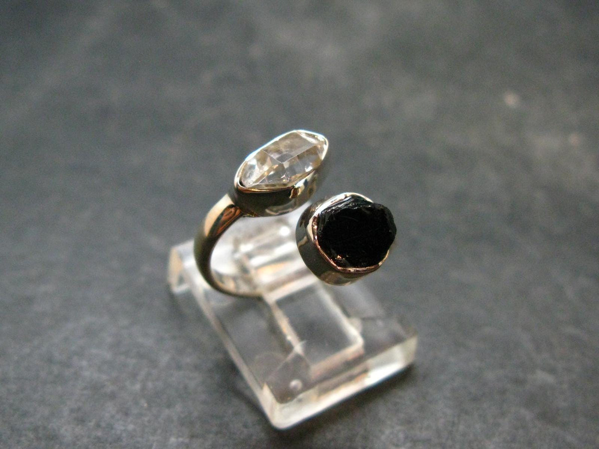 Black Tourmaline And Herkimer Diamond Silver Ring - Size 5 - 2.48 Grams