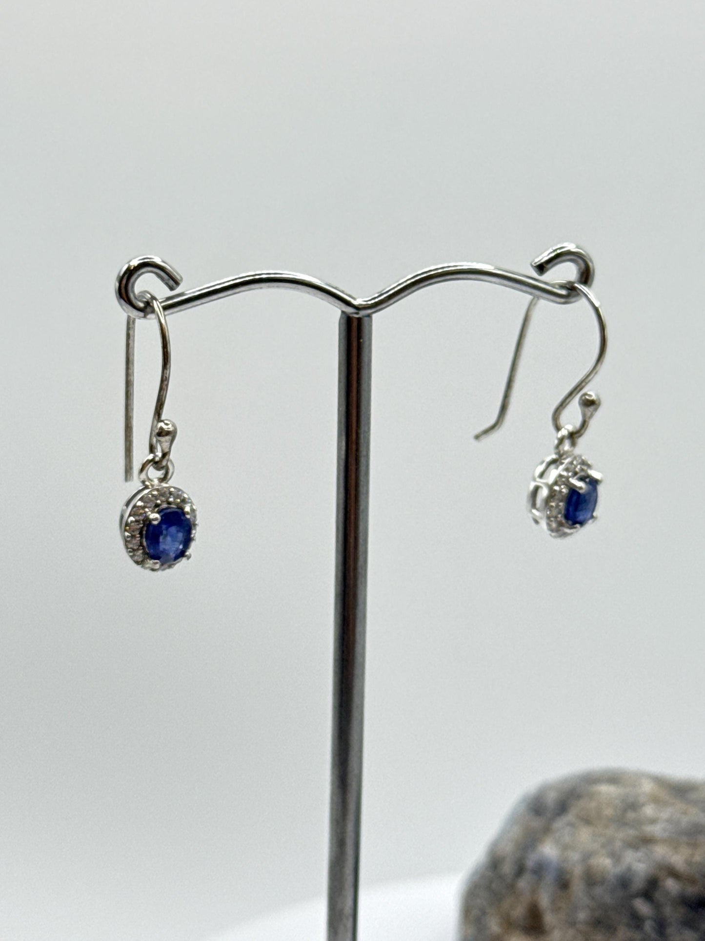 Sapphire Halo Dangle Earrings | Natural Blue Sapphire Drop Earrings | Sterling Silver Earrings | September Birthstone - Weight 2.04 Grams