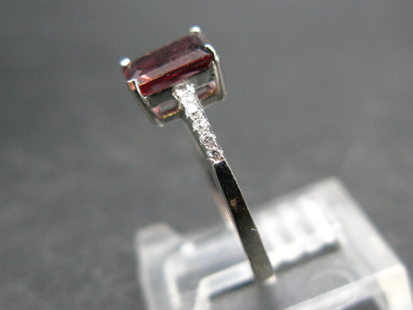 Natural Rectangular Faceted Red Garnet Rhodium Plated Sterling Silver Ring with CZ - Size 5.75