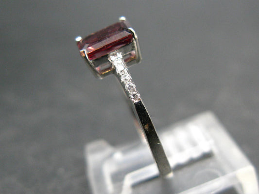 Natural Rectangular Faceted Red Garnet Rhodium Plated Sterling Silver Ring with CZ - Size 5.75