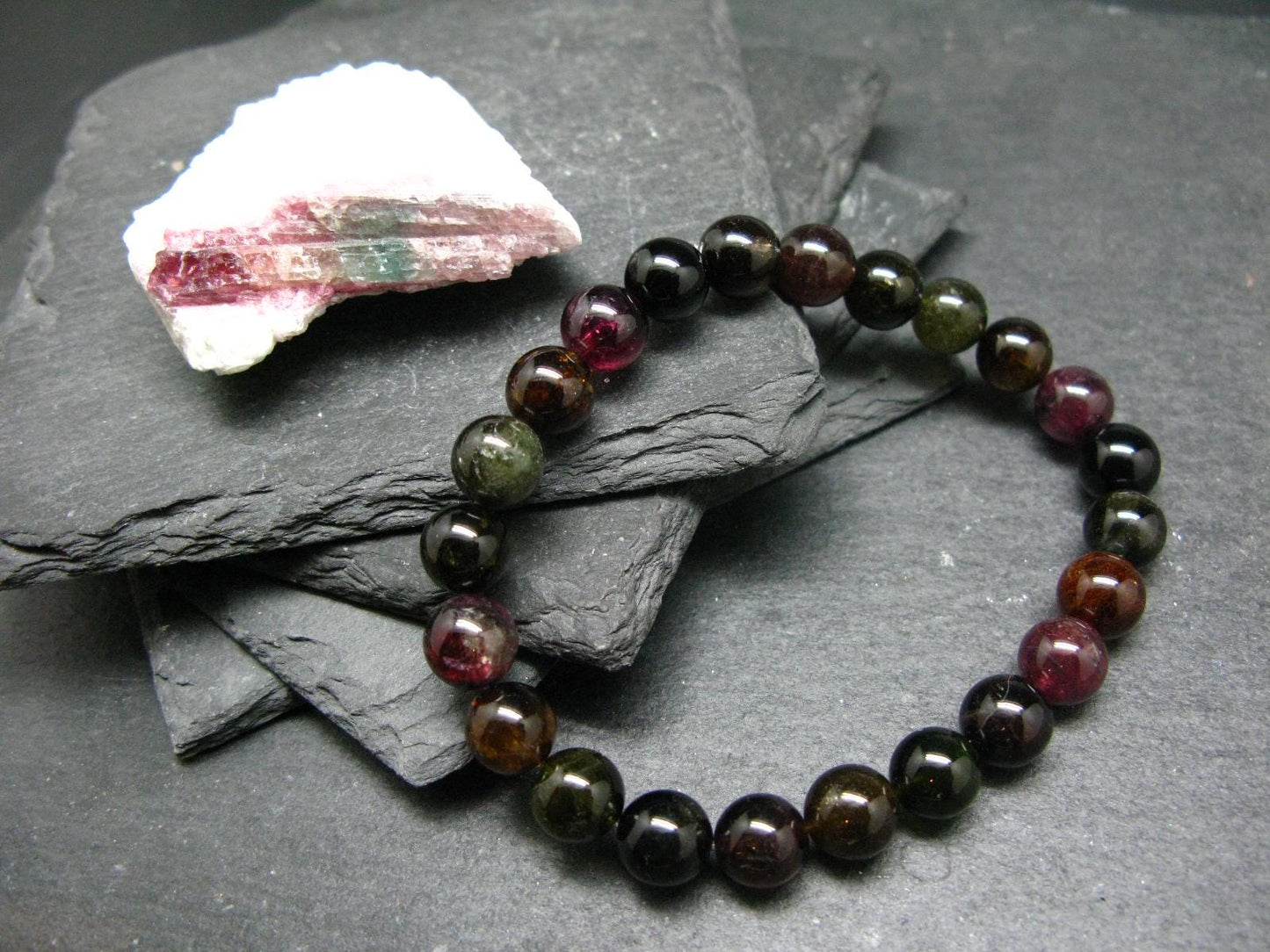 Watermelon Bicolor Tourmaline Genuine Bracelet ~ 7 Inches ~ 9mm Round Beads