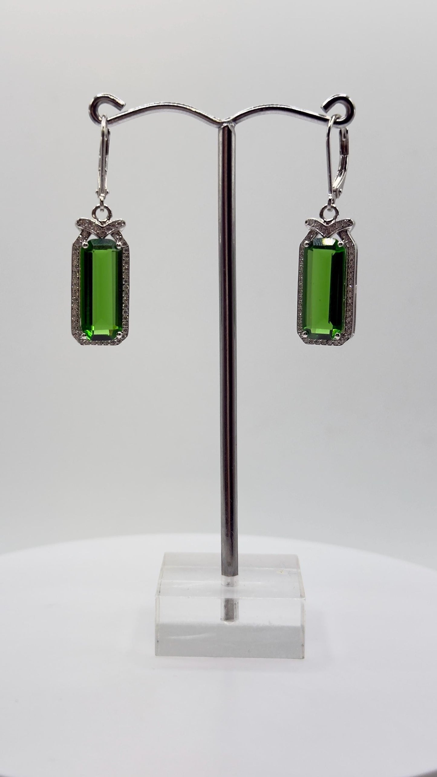 Green Helenite Emerald Cut Earrings – Halo Sterling Silver Dangle Earrings