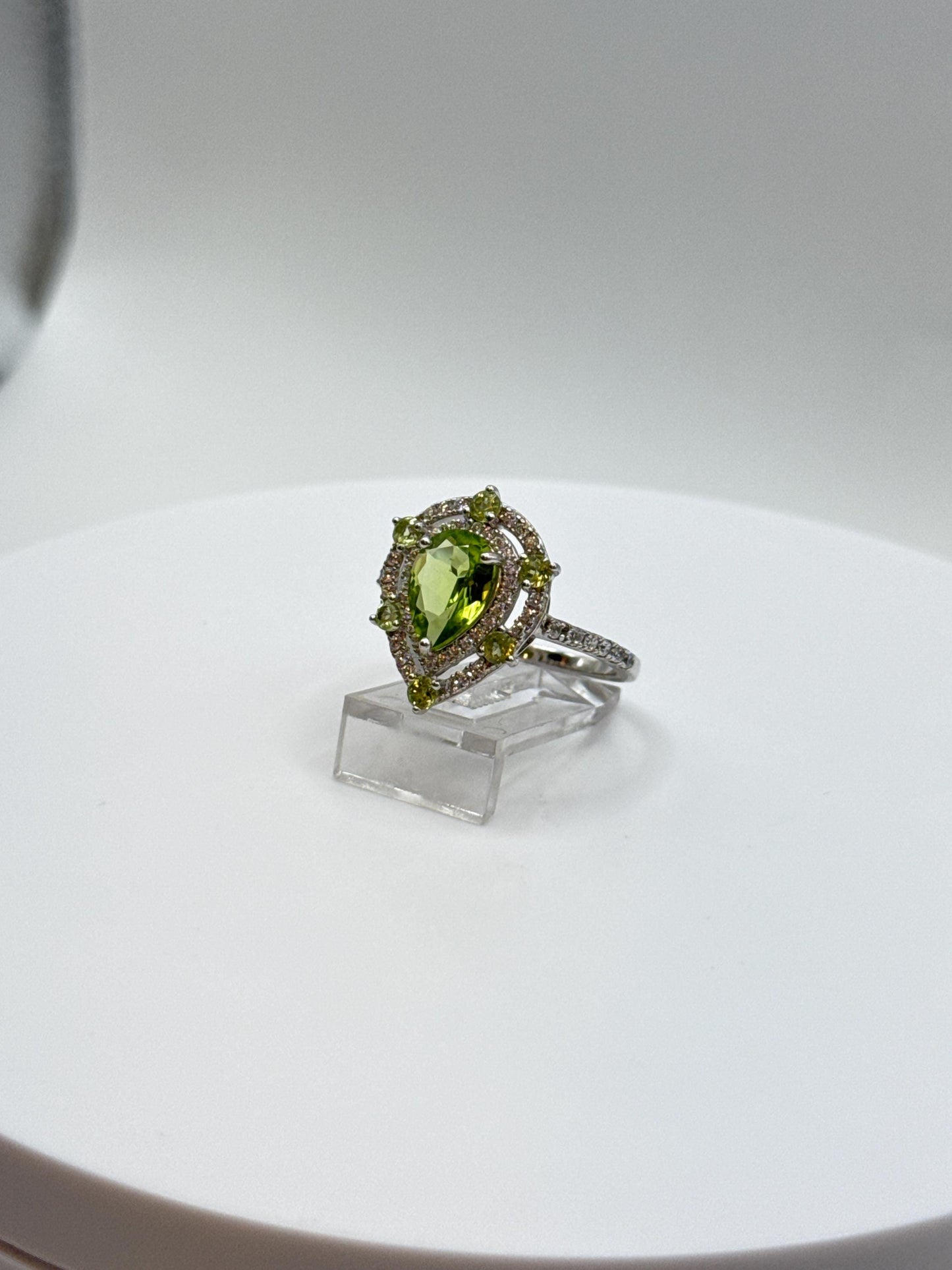 Pear-Shaped Peridot Halo Ring | Sterling Silver, August Birthstone, Size 7.5