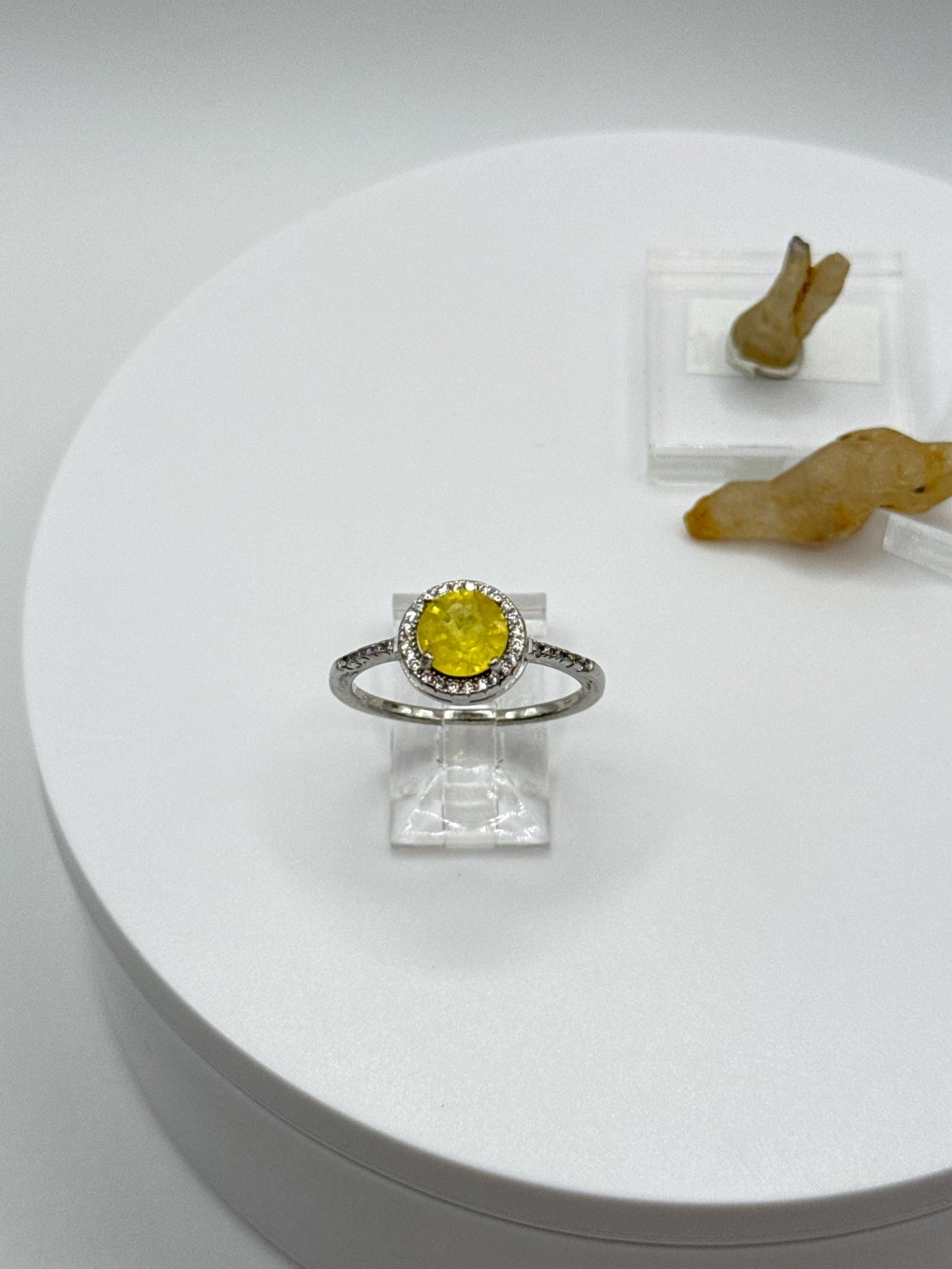 Yellow Sapphire Cabochon Ring | Sterling Silver Halo, September Birthstone - Size 9