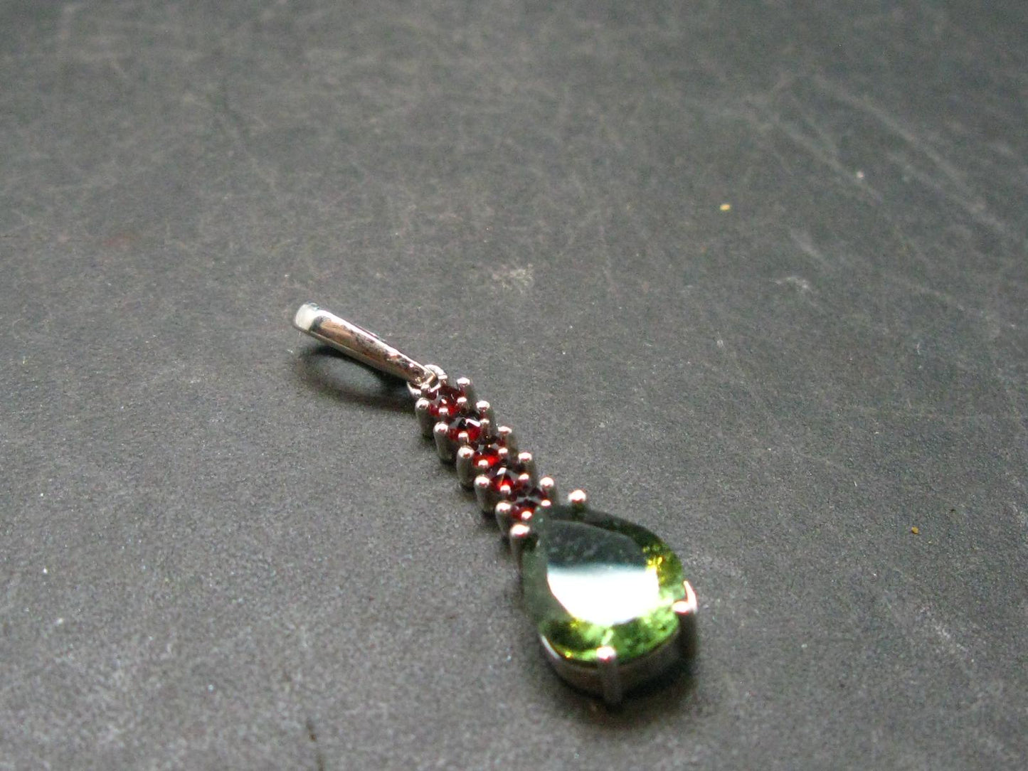 Moldavite Tektite & Red Garnet Silver Pendant from Czech Republic - 1.2"