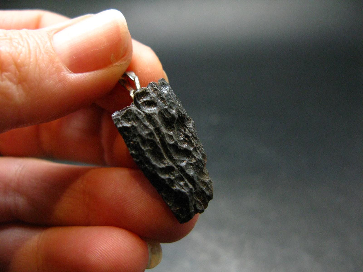 Tibetan Black Tektite Silver Pendant From Tibet - 1.1" - 2.33 Grams