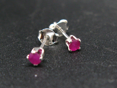 Cute Small Gem Round Faceted Rich Color Ruby Stud Earrings In Sterling Silver from Madagascar - 0.6"