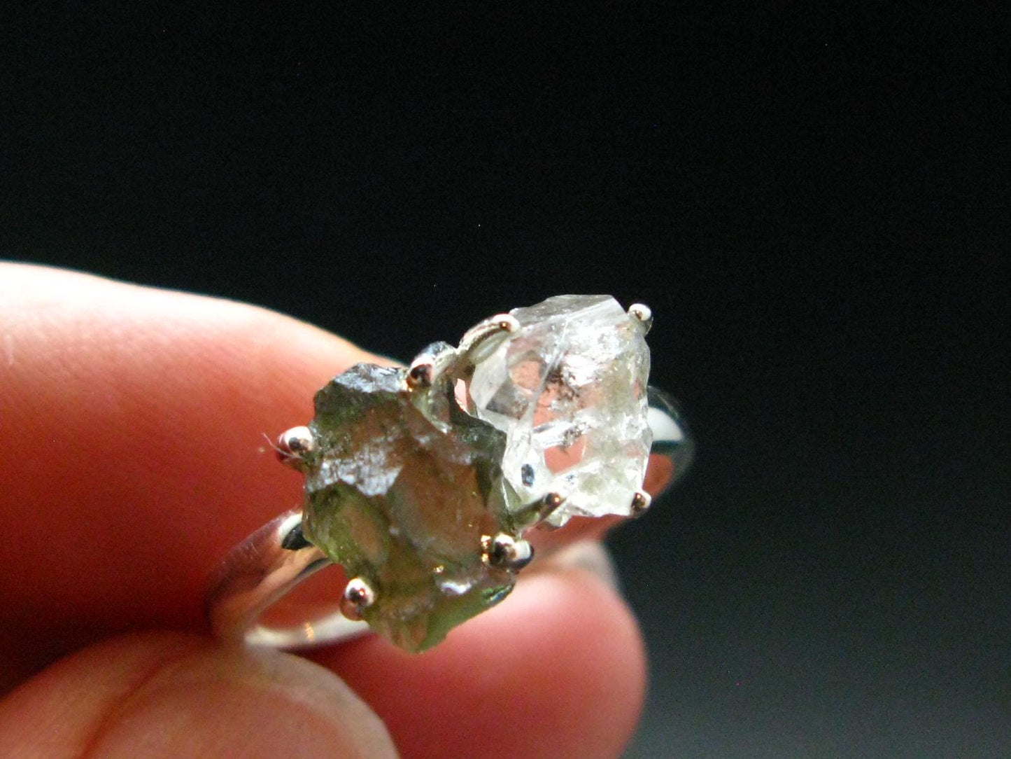 Moldavite Tektite and Herkimer Diamond Silver Ring - Size 8 - 2.73 Grams