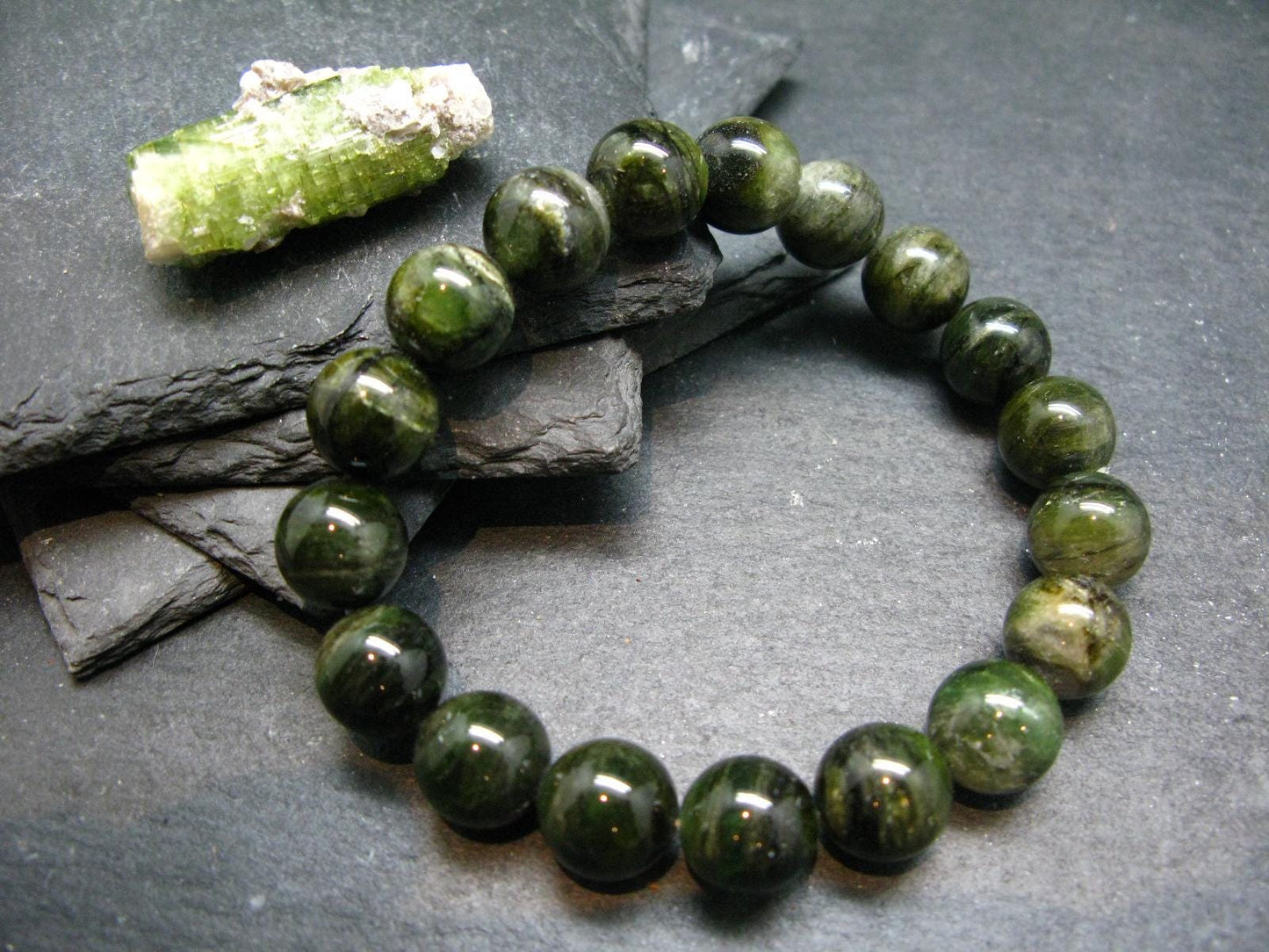 Green Gem Tourmaline Genuine Bracelet ~ 7 Inches ~ 12mm Round Beads
