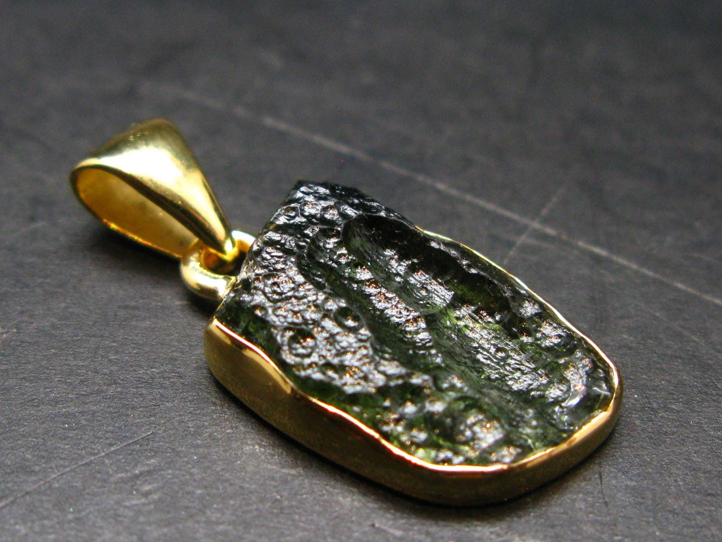 Moldavite Tektite Gold Plated Silver Pendant from Czech Republic - 1.1" - 2.0 Grams