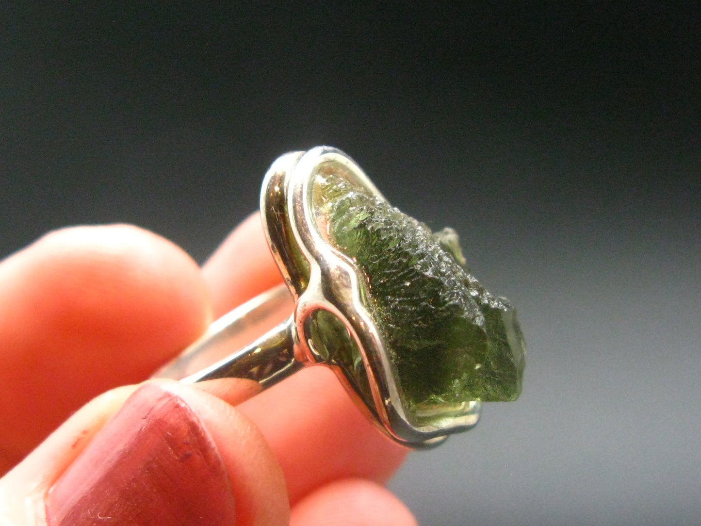 Moldavite Tektite Silver Ring from Czech Republic - Adjustable Size - 6.79 Grams