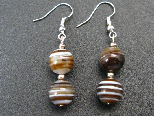 Natural Horizontal Banding Brown Agate Round Beads Dangle Shepherd Hook Earrings