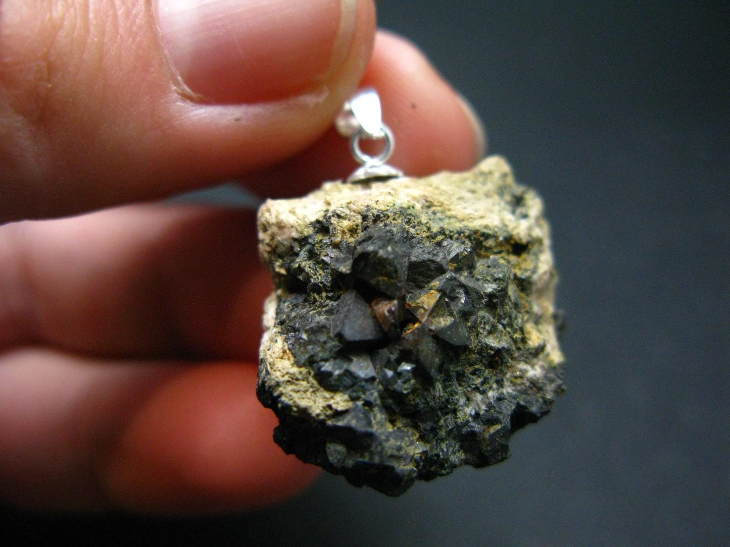 Octahedral Black Metallic Magnetite Crystal Silver Pendant From Bolivia - 1.1" - 7.38 Grams