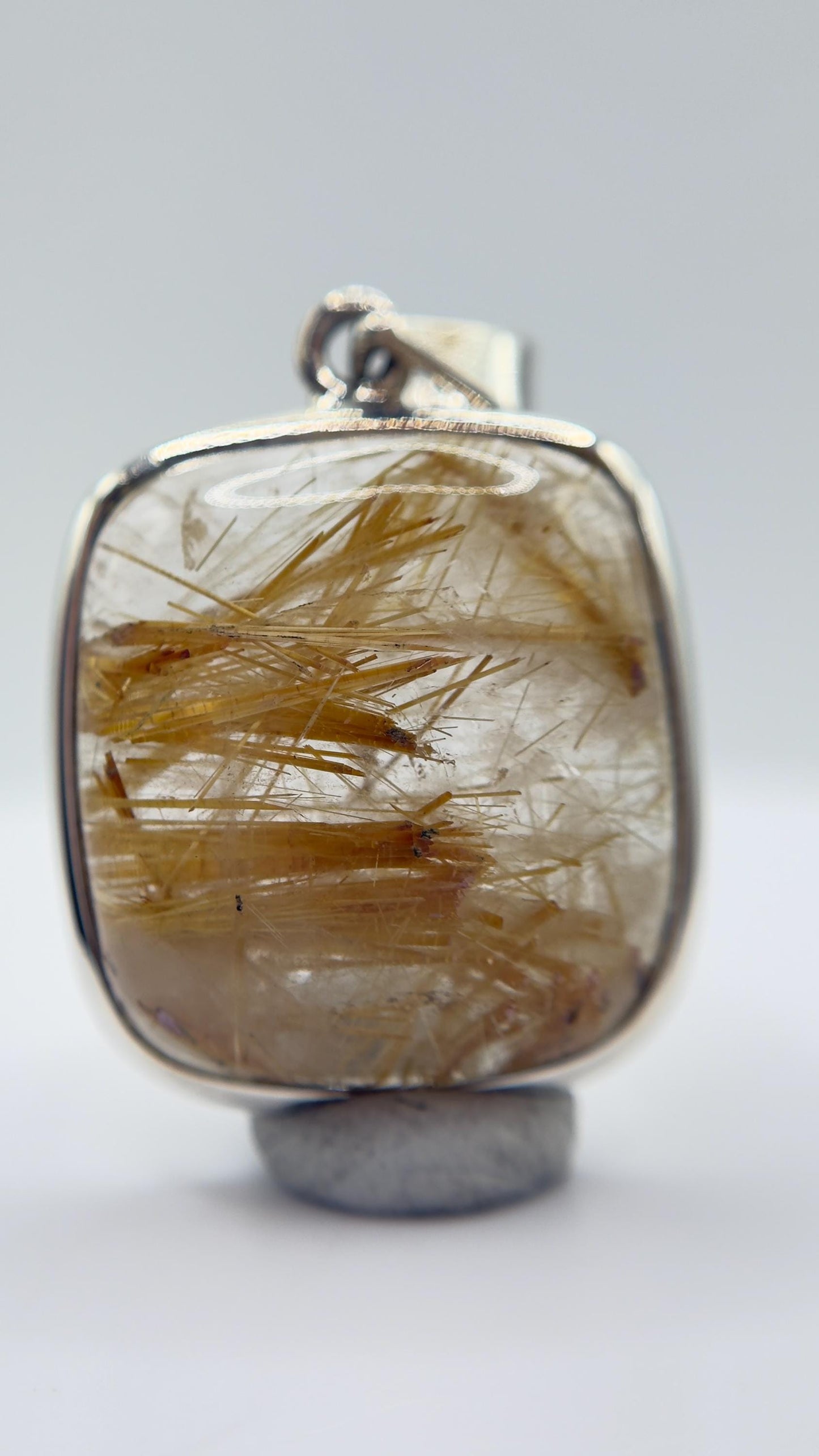 Golden Needle Inclusion Quartz Cushion Pendant – Natural Crystal in Sterling Silver