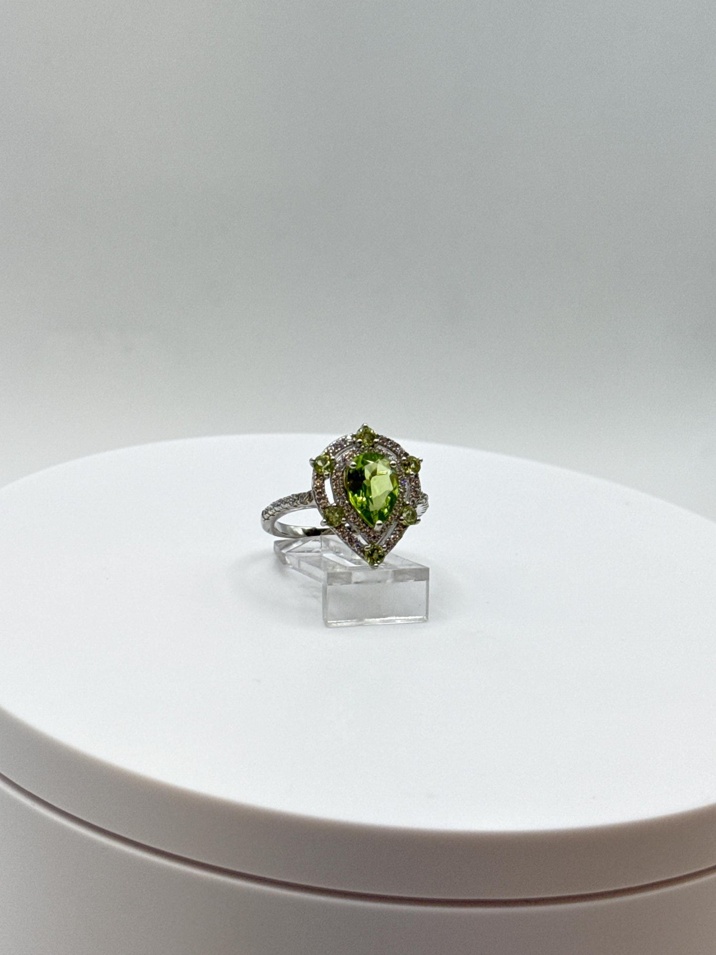 Pear-Shaped Peridot Halo Ring | Sterling Silver, August Birthstone, Size 7.5