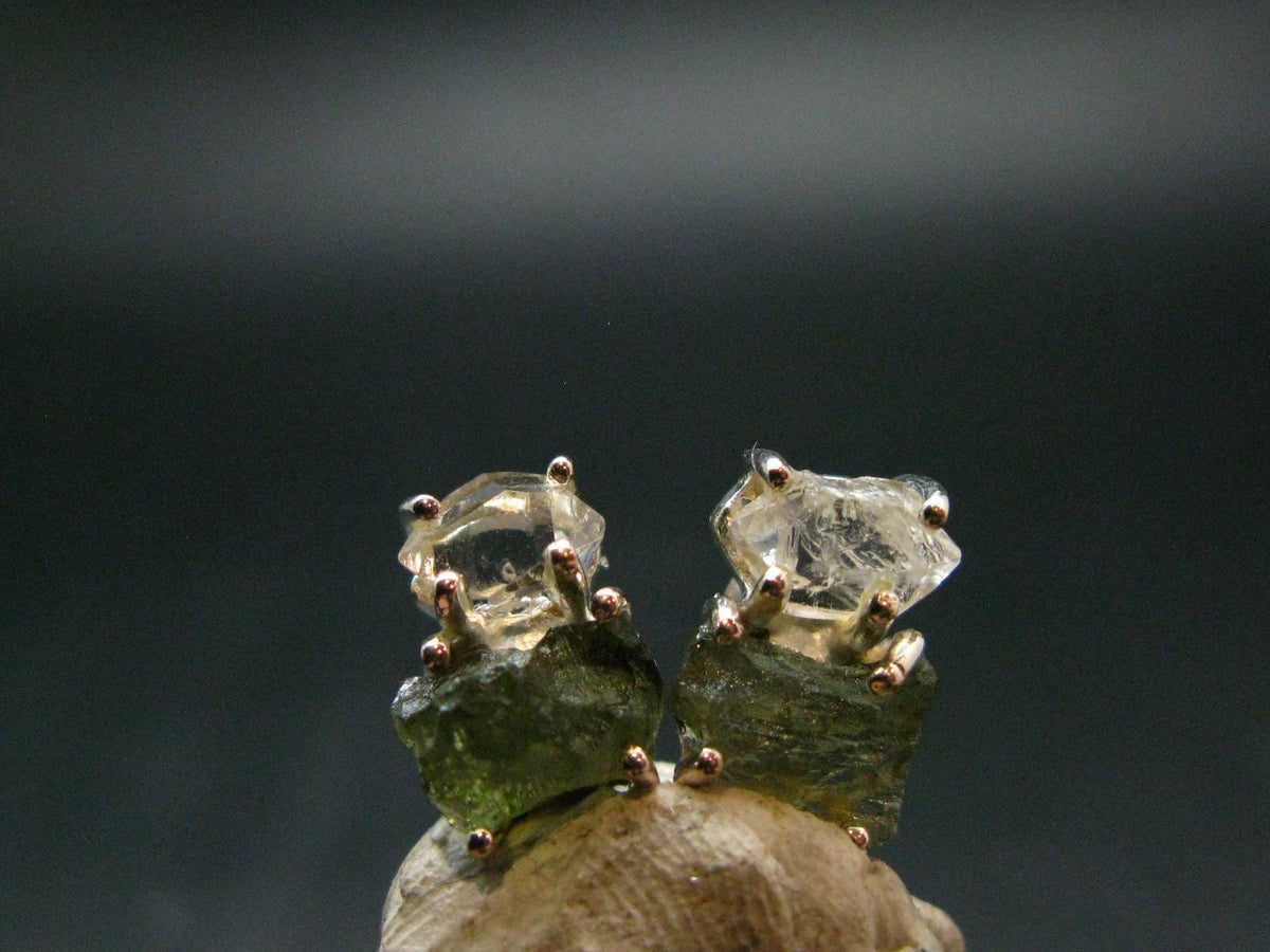 Moldavite & Herkimer Diamond Silver Stud Earrings - 0.4" - 2.52 Grams