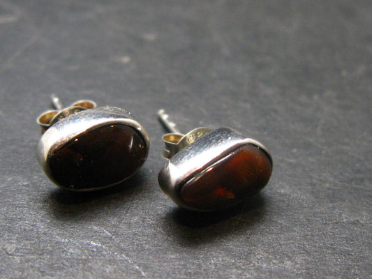 Fire Agate Stud Earrings From Mexico - 0.4" - 2.20 Grams