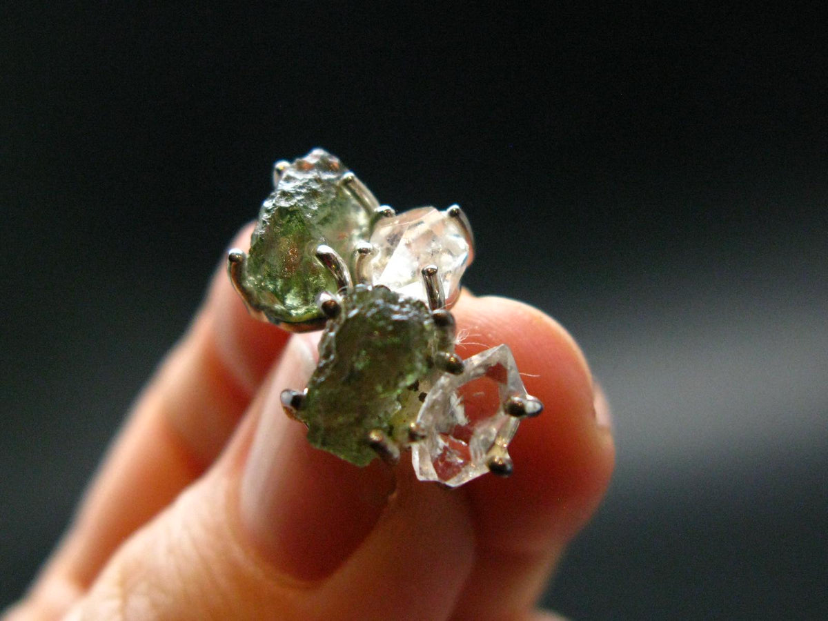 Moldavite & Herkimer Diamond Silver Stud Earrings - 0.7" - 2.61 Grams