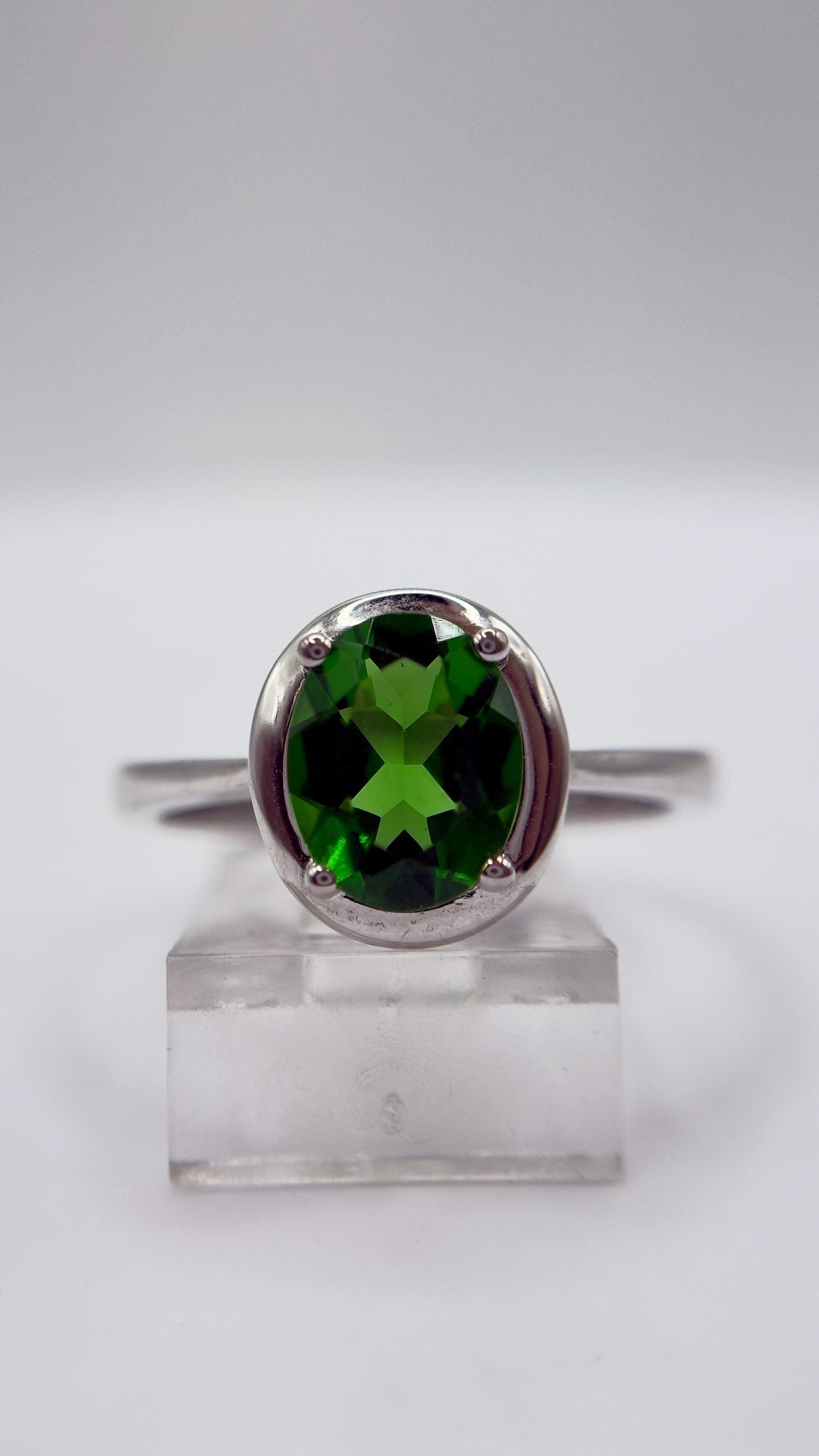 Green Helenite Oval Ring – Sterling Silver Faceted Gemstone Statement Ring