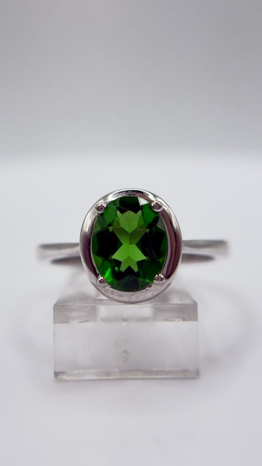Green Helenite Oval Ring – Sterling Silver Faceted Gemstone Statement Ring
