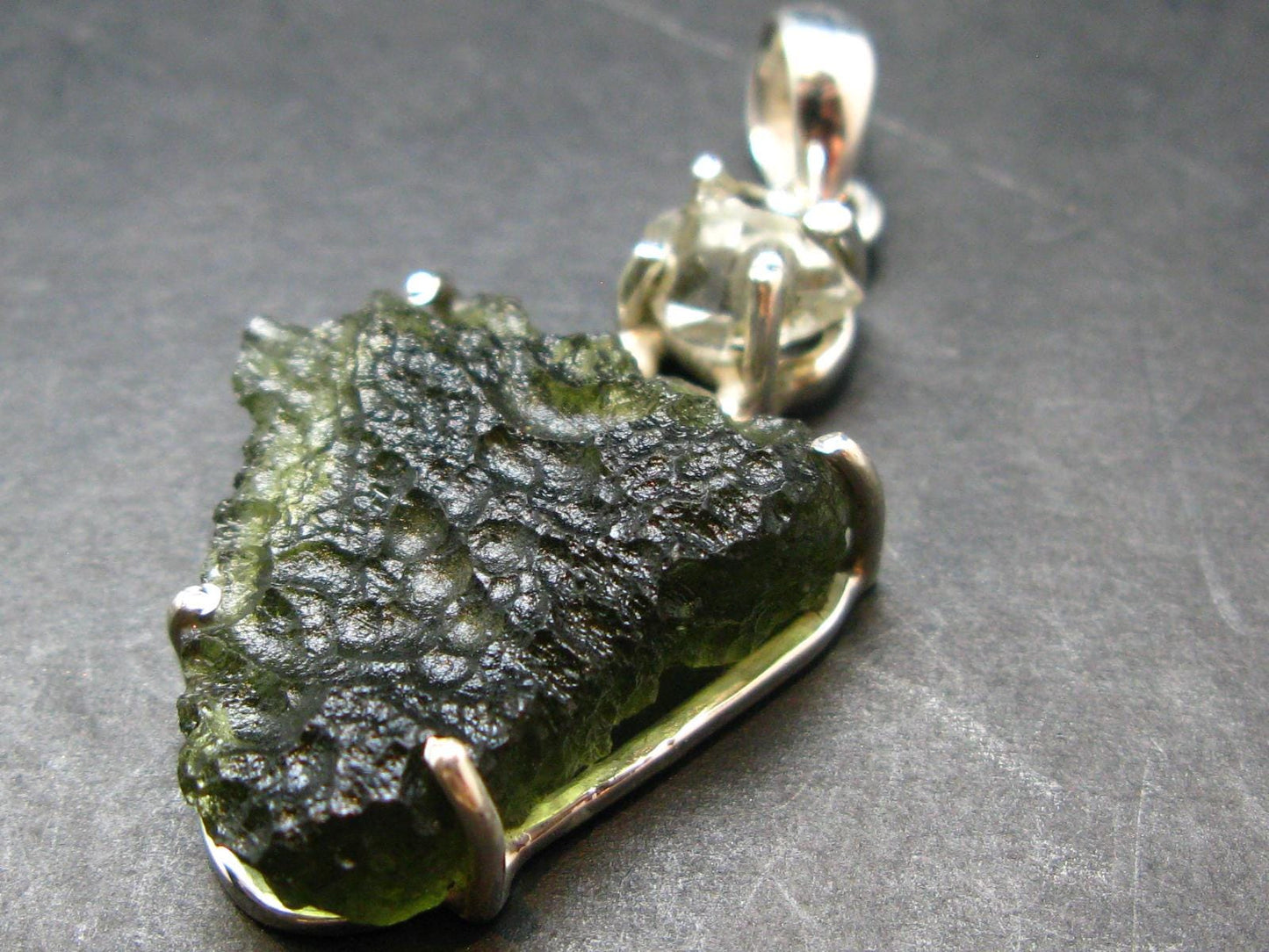 Moldavite & Herkimer Diamond Silver Pendant - 1.7" - 6.6 Grams
