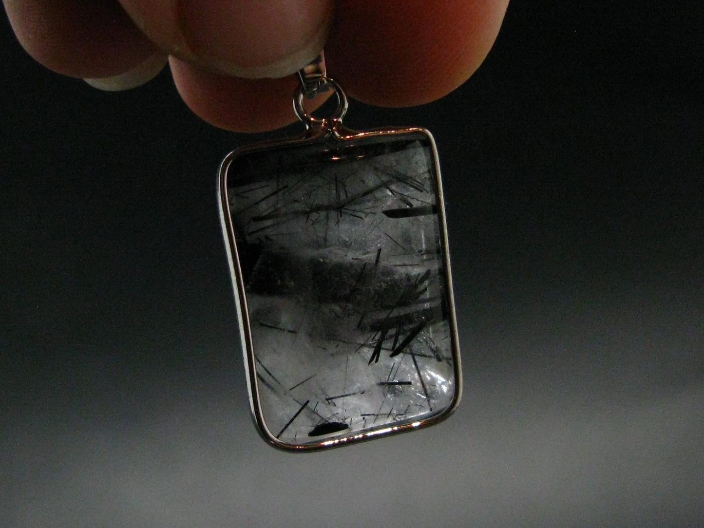Large Tourmalinated Quartz Crystal Silver Plated Pendant From Brazil - 1.4" - 5.88 Grams