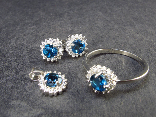 Natural Faceted London Blue Topaz 925 Sterling Silver Set Ring Earring Necklace with CZ - 4.84 Grams